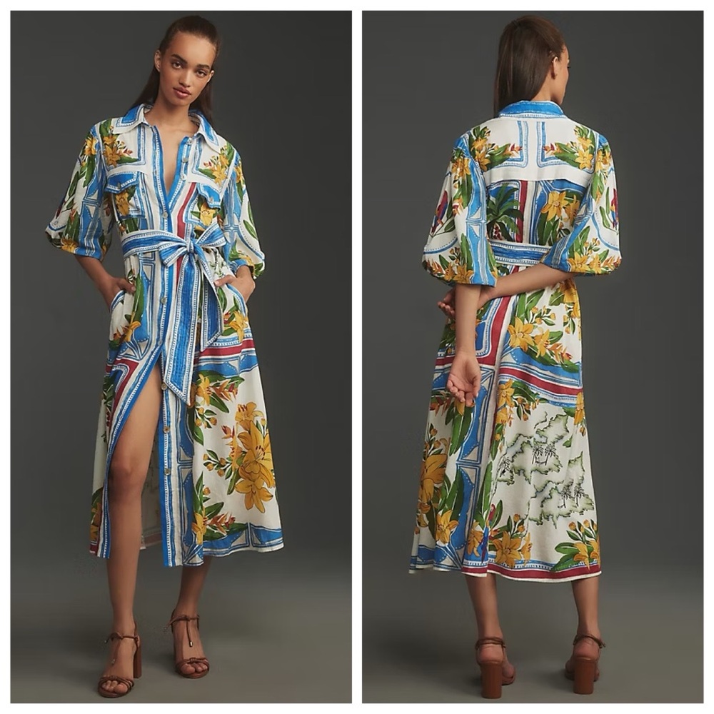 FARM RIO Belted floral-print linen-blend midi shirt dress in size small!